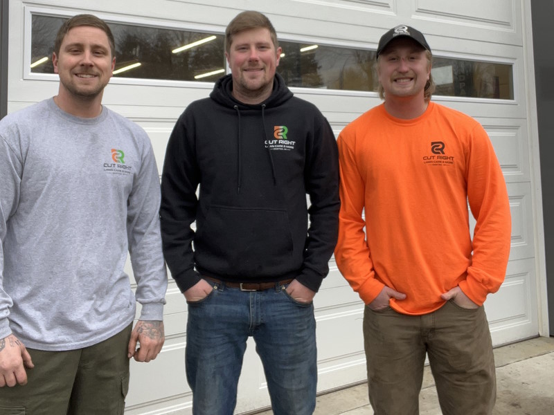 three team members of cut right lawn care, llc - drew, ryan, and trey helinski